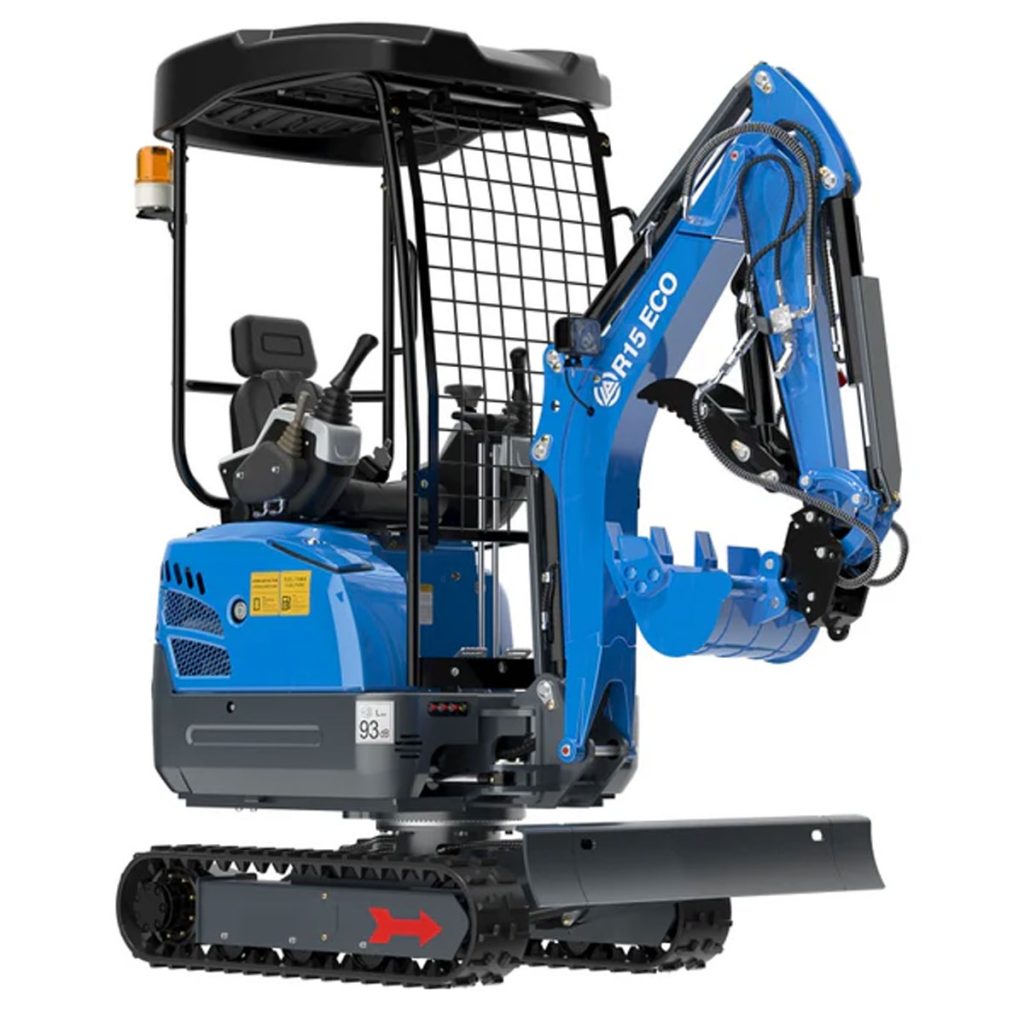 Mini-pelle RIPPA R15 1500 kg vue avant 3/4 avec canopy