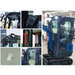 Cabine fermée de mini-pelle RIPPA R10 avec éclairage LED, rétroviseurs, extincteur et équipements de sécurité.