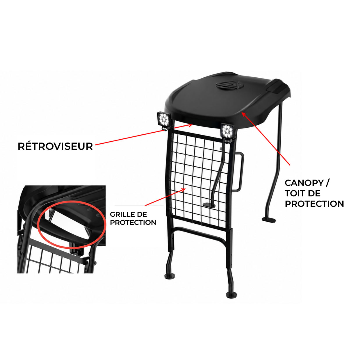 Cabine mini-pelle RIPPA R10 équipée de rétroviseurs et d'un filet de protection arrière.
