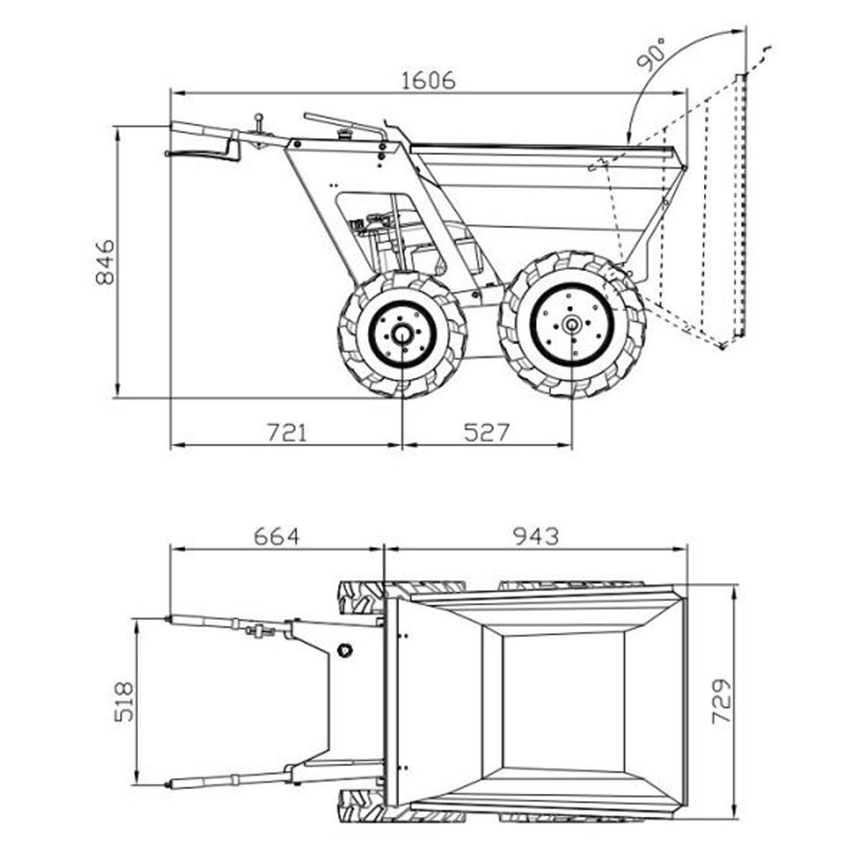 Schéma des dimensions du mini dumper Delta-Competent Garden Dumper 4x4