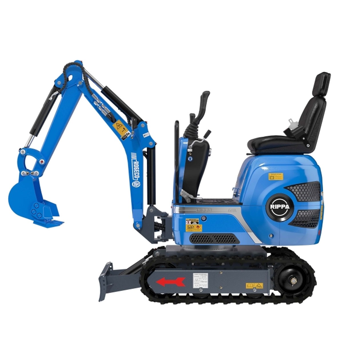 Micro mini-pelle Rippa R06 0,75 tonne vue latérale avec godet et chenilles
