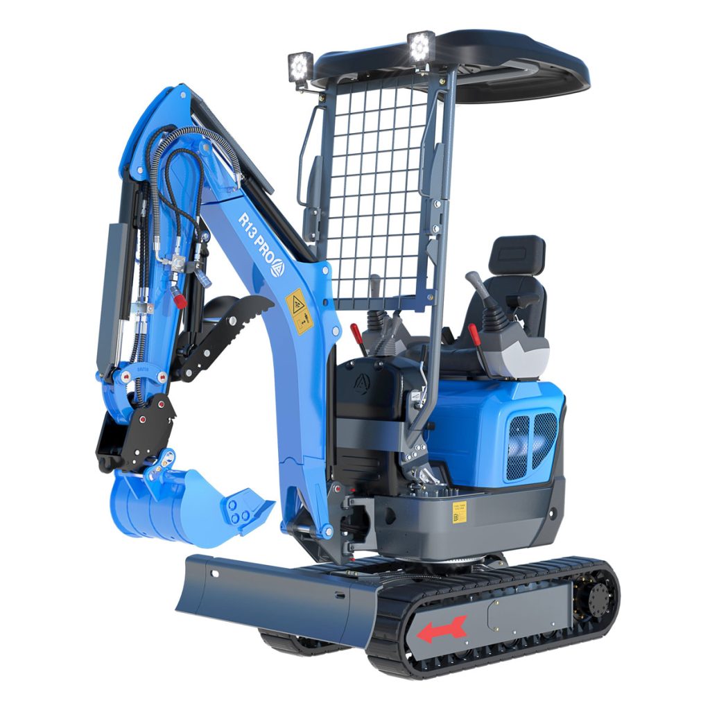 Mini-pelle Rippa R13 PRO vue avant avec godet de terrassement