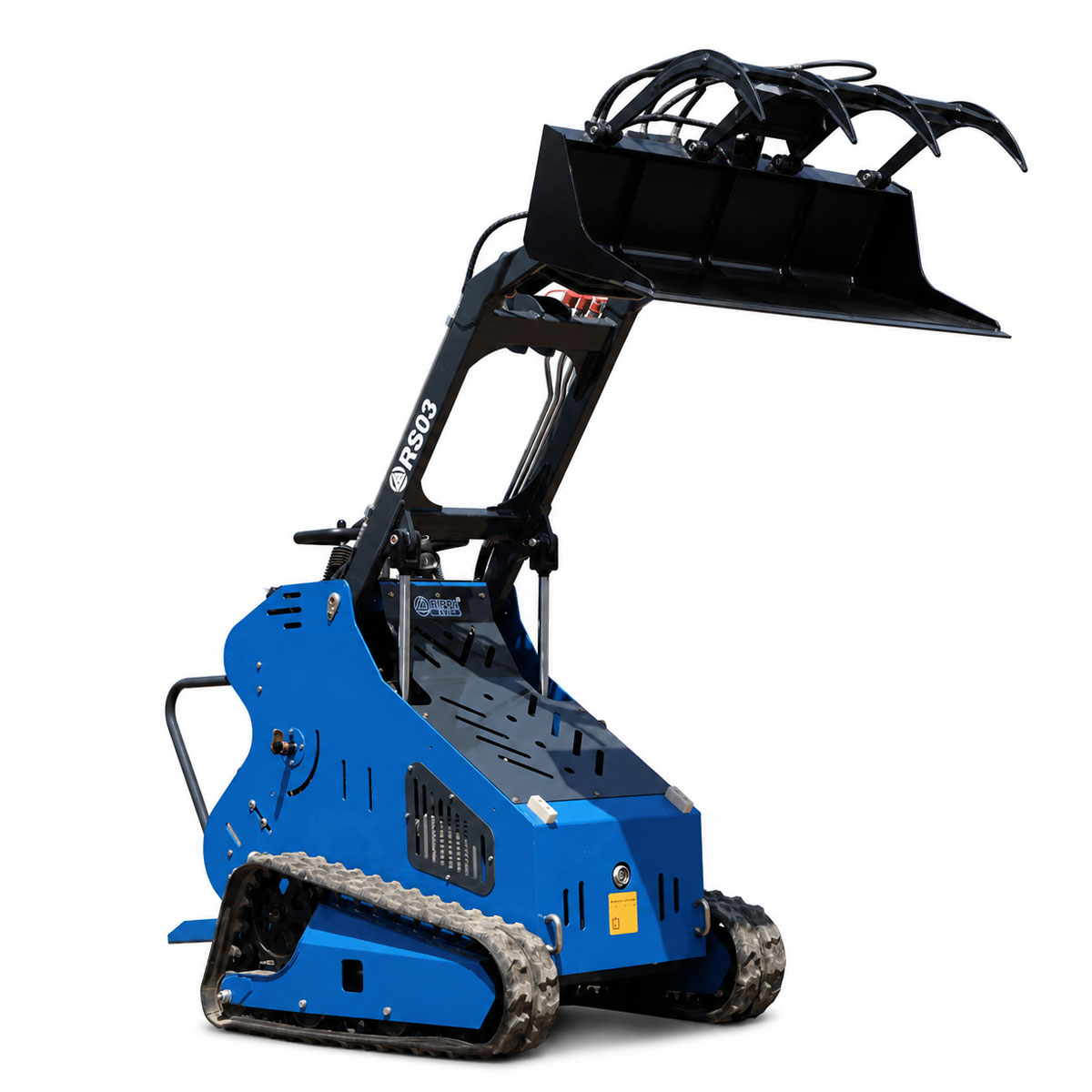 Mini chargeuse RIPPA RS04 sur chenilles avec godet crocodile relevé