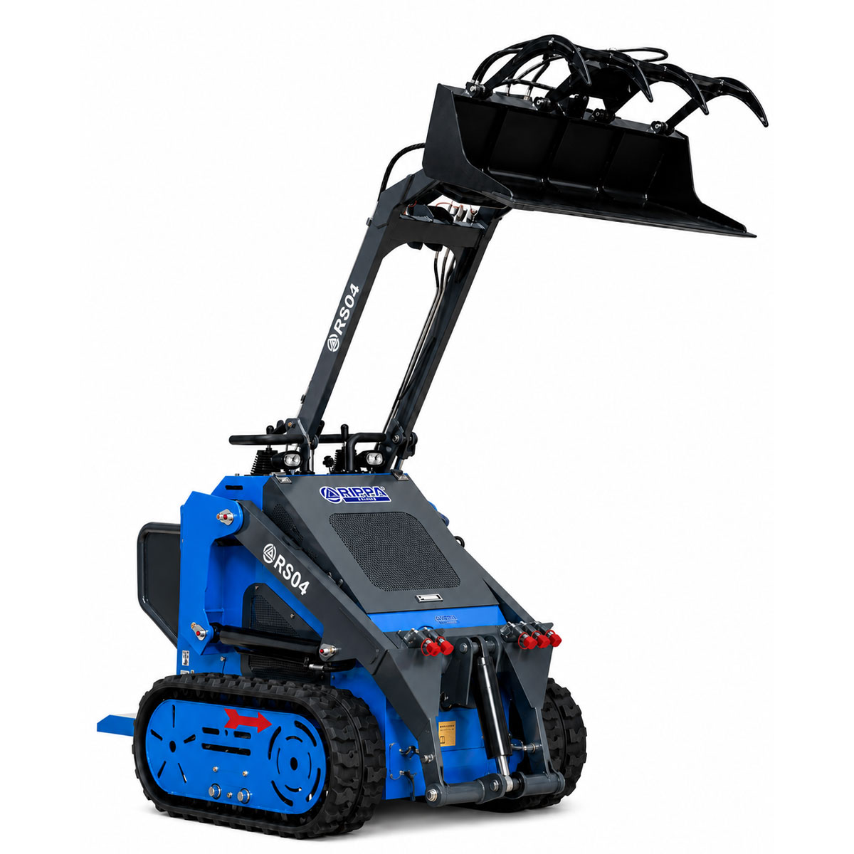 Mini chargeuse RIPPA RS04 sur chenilles avec godet crocodile relevé
